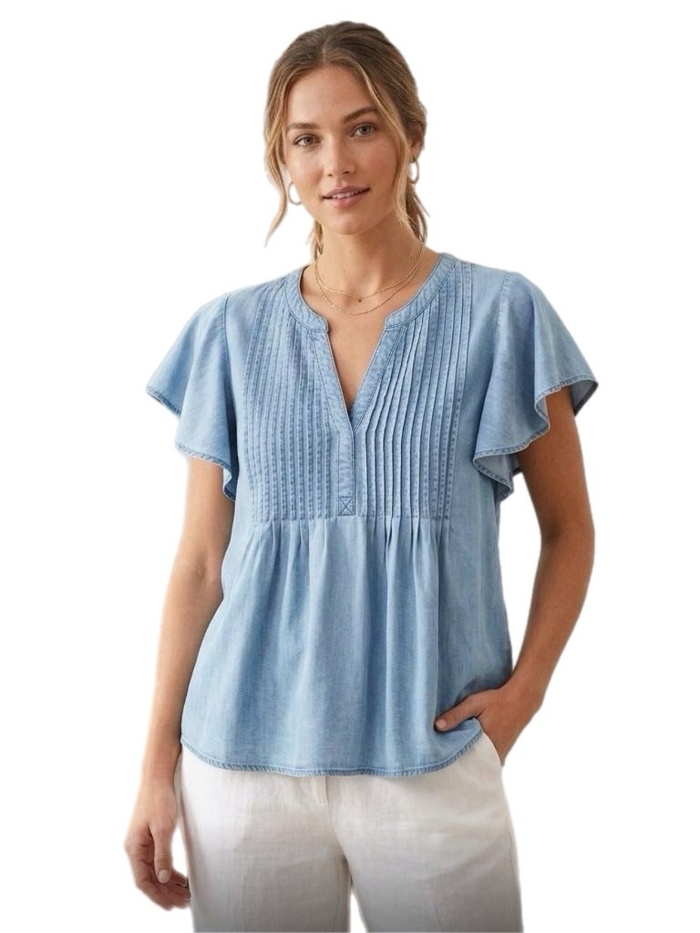 Liverpool Chambray Pintuck Flutter-Sleeve Top Size XL